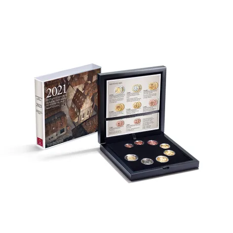 1d9baf28ed0ccaf4f93d714d7f34a3cac88f4787.jpg Österreichische Post 2021 Euro-Münzsatz in schwarzer Präsentationsbox mit Beschreibungen und Verpackung.