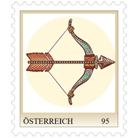 ME1_Schütze_1124 Austrian stamp 95 cents: Illustration of a bow and arrow with intricate design on a beige background.