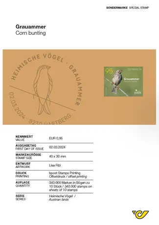 Austrian Post stamp 2024, €0.95: Corn bunting on a branch, part of the 'Austrian Birds' series.