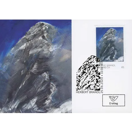 Briefmarke Österreich 2020, Nominale 0,85 Euro: Berggemälde von Herbert Brandl, mit Ersttagsstempel und Logo.