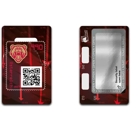 Österreichische Post Crypto Stamp 2023, Nominale 9,90 Euro, rotes Bärenmotiv mit QR-Code und Sicherheitslabel.