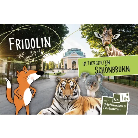 625012_Cover-Frido-Zoo252-Screen800 Werbebild der Österreichischen Post mit Fridolin dem Fuchs, Tieren und dem Tiergarten Schönbrunn mit Briefmarken und Postkarten.