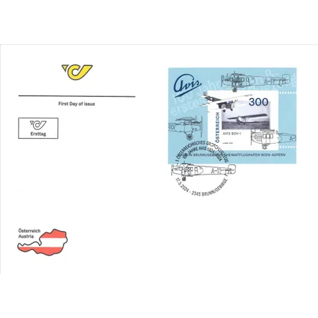 9224220 Ersttagsbrief der Österreichischen Post mit Briefmarke 'Österreich 2024, Nominale 3,00 Euro: 100 Jahre AVIS 1924' und Luftfahrtthema.