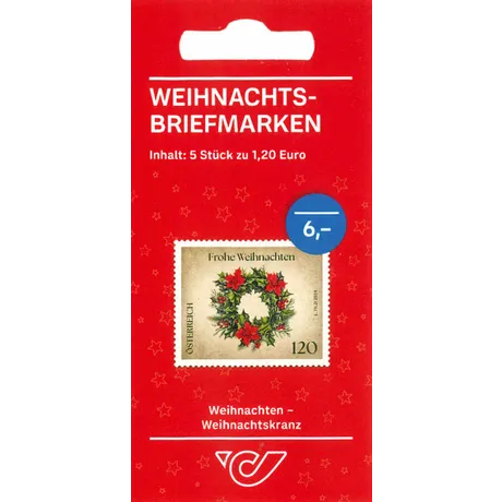 SM5_WN-Weihnachtskranz_1124 Austrian Post Christmas stamp set, 5 stamps at €1.20 each, featuring a wreath design, priced at €6.