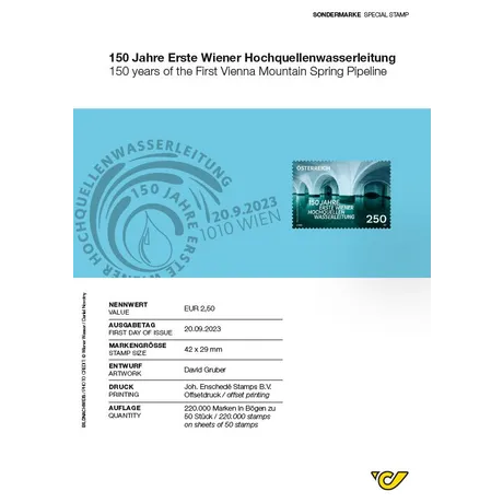 e724cf37fd6607cca1968260d2f64f2bf1dd2e74.jpg Sondermarke Österreich 2023, Nominale 2,50 €: 150 Jahre Erste Wiener Hochquellenwasserleitung, Ausgabe 20.09.2023.