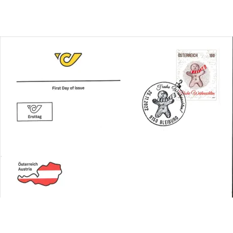 212ac08b8bb1446beb3d99f116f669e59edcfb45.jpg Ersttagsbrief mit Briefmarke Österreich 2022, Nominale 1,00 Euro: Lebkuchenmann, Weihnachtsthema, Stempel Bleiburg.
