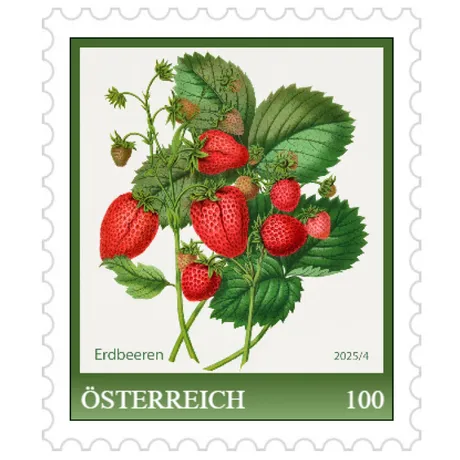 me1 Austrian stamp 2025, nominal value 1.00 Euro: strawberries with green leaves on a white background.