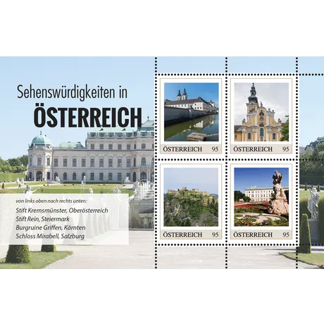 Briefmarken-Set Österreich 2023, Nominale 0,95 €: Stift Kremsmünster, Stift Rein, Burgruine Griffen, Schloss Mirabell.