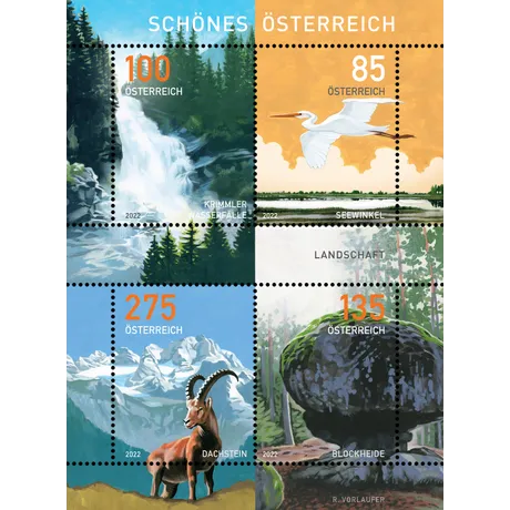 86e247fd1a51f0e877e0c1b0873ae02da7c577b0.jpg Austrian Post 2022 stamp series 'Beautiful Austria': Krimml Waterfalls (€1.00), Seewinkel (€0.85), Dachstein (€2.75), Blockheide (€1.35).
