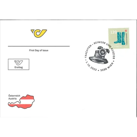 First day cover with Austrian Post logo, Austria map, and 2022 stamp &#039;Rechnitz Boots&#039; (€1.20).