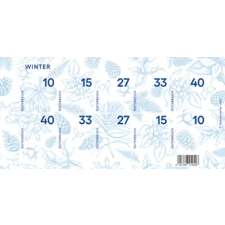 0224450_Winter_1124 Austrian Post stamp sheet 'Winter' 2023 with various nominal values (10-40 cents) and winter plant motifs.