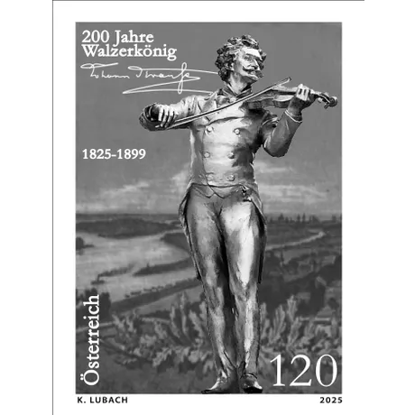 Briefmarke Österreich 2025, Nominale 1,20 Euro: Johann-Strauss-Statue, 200 Jahre 'Walzerkönig', 1825-1899.