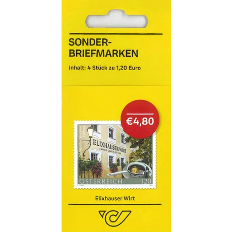 Sondermarken-Set mit vier Briefmarken zu je 1,20 Euro. Motiv: Elixhauser Wirt mit Blumenfassade. Nominale 120, Österreich, Jahr 2025.