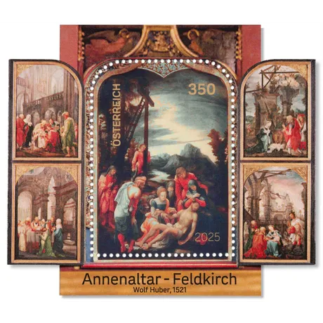 Sonderbriefmarkenblock zur Darstellung des Annenaltars von Wolf Huber im Dom St. Nikolaus in Feldkirch. Die Marke zeigt ein kunstvoll gestaltetes Altarbild mit religiösen Motiven aus der Renaissancezeit, Teil der Serie „Sakrale Kunst in Österreich“. Sonderbriefmarkenblock zur Darstellung des Annenaltars von Wolf Huber im Dom St. Nikolaus in Feldkirch. Die Marke zeigt ein kunstvoll gestaltetes Altarbild mit religiösen Motiven aus der Renaissancezeit, Teil der Serie „Sakrale Kunst in Österreich“.