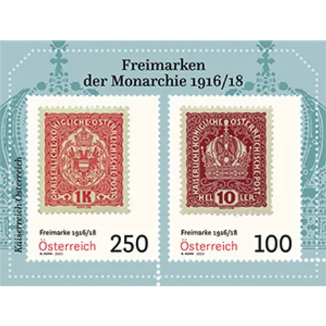 6c1256eba0a0f82f10500dd5022394a57182e635.jpg Austrian Post 2023 stamp set: 'Freimarken der Monarchie 1916/18', 250 and 100 Eurocent denominations.