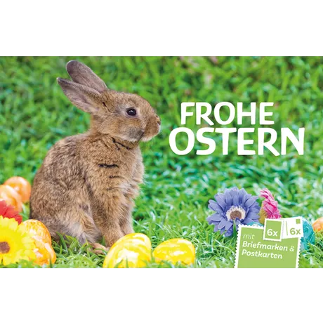 625007_COV-Ostern25 Osterkarte der Österreichischen Post: Hase auf Wiese mit Eiern und Blumen, Text 'Frohe Ostern', inkl. Briefmarken und Postkarten.