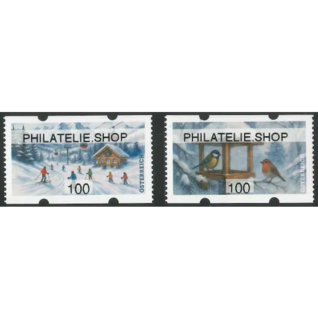 ATM stamps with winter motifs skiers in front of mountain hut and cable car and two birds at feeding house in snowy forest nominal 100 Austria year 2025 ATM stamps with winter motifs skiers in front of mountain hut and cable car and two birds at feeding house in snowy forest nominal 100 Austria year 2025