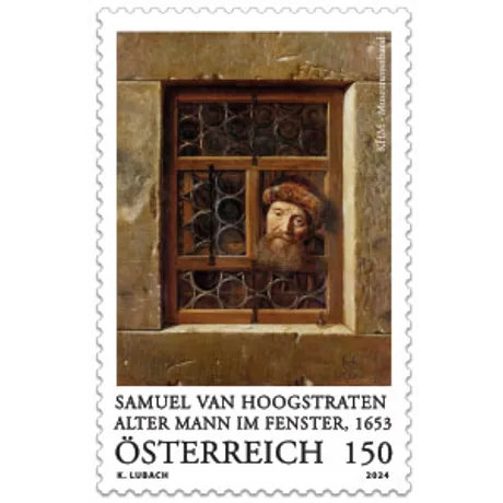 Briefmarke Österreich 2024, Nominale 1,50 Euro: 'Alter Mann im Fenster' von Samuel van Hoogstraten, 1653.