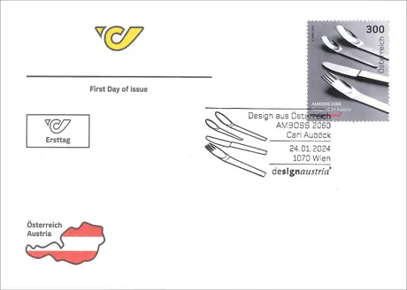 3343c5029dad3a007bfdff6f2cbb6f510a9e0b9e.png Ersttagsbrief mit Briefmarke Österreich 2024, Nominale 3,00 Euro: AMBOSS 2060 Besteckdesign von Carl Auböck.
