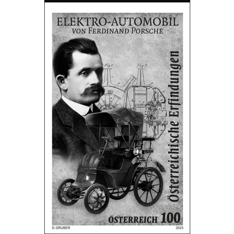 Austrian Post stamp 2023, nominal value 1.00 Euro: Ferdinand Porsche, electric car, Austrian inventions.