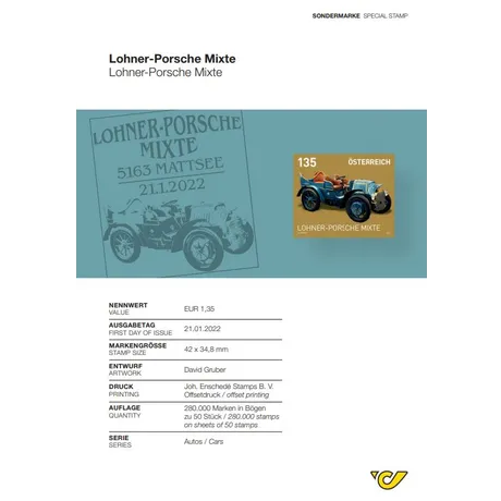 8a3ff8d5fc731f62dc15253ee908e2336f9b91ba.jpg Austrian Post stamp 2022, €1.35: Lohner-Porsche Mixte, vintage car on a golden background.