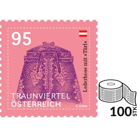 Briefmarke Österreich 2023, Nominale 0,95 Euro: Lederhose mit 'Tüchl'-Design, rosa Hintergrund, Rolle mit 100 Stück.