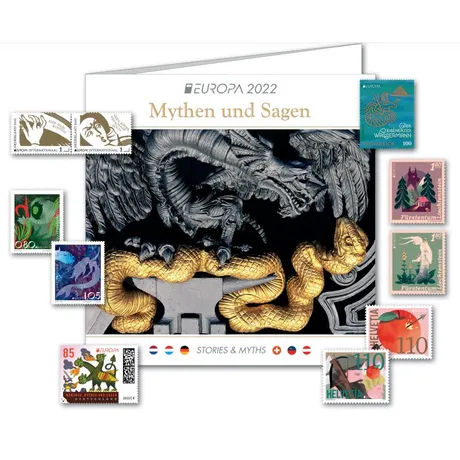 4c61b85c9c929e8f1298487b04c2e9f05cd7b3c5.jpg Briefmarkensammlung der Österreichischen Post 'Europa 2022: Mythen und Sagen' mit internationalen Designs und Themen.