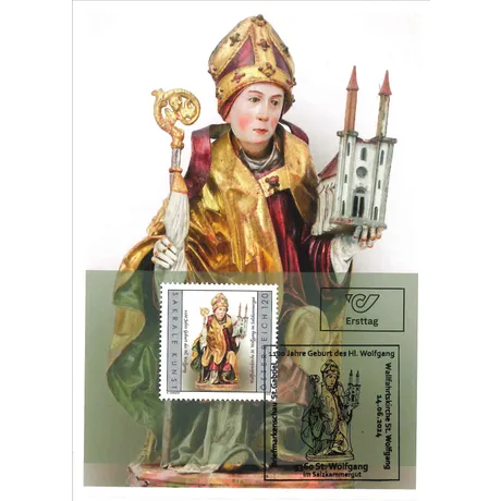 Briefmarke Österreich 2024, Nominale 1,20 €: Statue des Hl. Wolfgang, sakrale Kunst. Ersttagsbrief mit Sonderstempel.