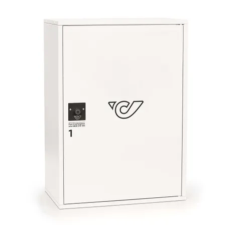 PEB_weiß Weiße Post-Empfangsbox der Österreichischen Post mit Post-Logo und kleinem Bedienfeld an der Vorderseite.