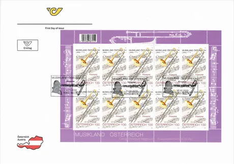 FDC-KB_Posaune_0222 Briefmarkenblock Österreich 2022, Serie 'Musikland Österreich', Nominale 1,00 €, mit Posaune und Notenblatt.