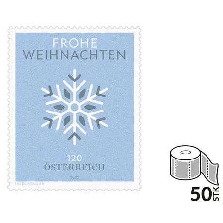 bece7285b291cee711f49673fddc46d5479c5fbf.jpg Briefmarke Österreich 2022, Nominale 1,20 Euro: Hellblau mit Schneeflocke und Text 'Frohe Weihnachten'.