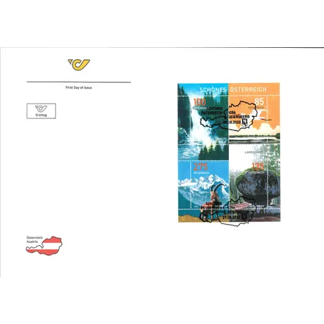 Austrian Post first day cover with 2022 'Beautiful Austria' stamps: Krimml Waterfalls, Alpine lake, ibex, and rock landscape.
