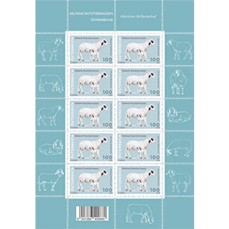 Briefmarkenbogen Österreich 2023, Nominale 1,00 €, mit seltenen Schafrassen auf hellblauem Hintergrund.