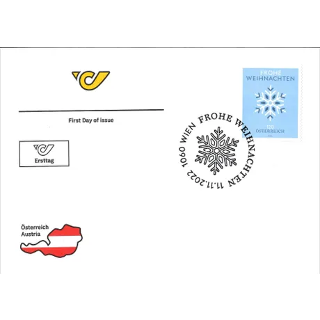 Ersttagsbrief mit Post-Logo, Weihnachtsbriefmarke Österreich 2022 (1,20 €) und Wien-Sonderstempel mit Schneeflocke.