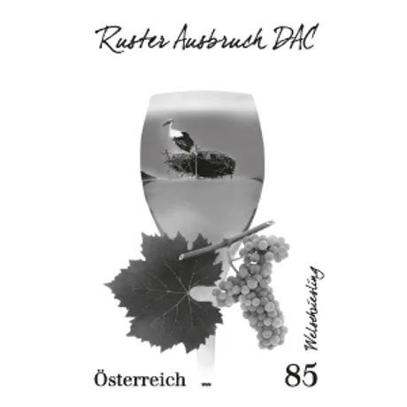 Briefmarke Österreich 2023, Nominale 0,85 Euro: Ruster Ausbruch DAC mit Storch, Weinrebe und Weinglas.