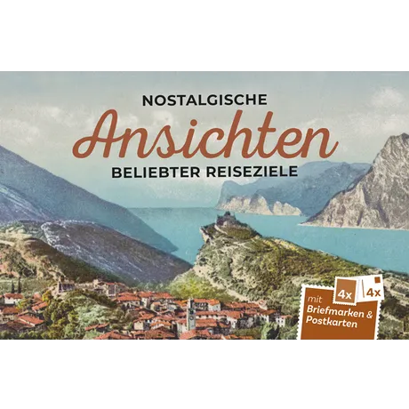 74b112d11f54c1df4657618e913ad37e6282e991.jpg Österreichische Post-Werbung: 'Nostalgische Ansichten beliebter Reiseziele' mit Briefmarken und Postkarten, Landschaft.