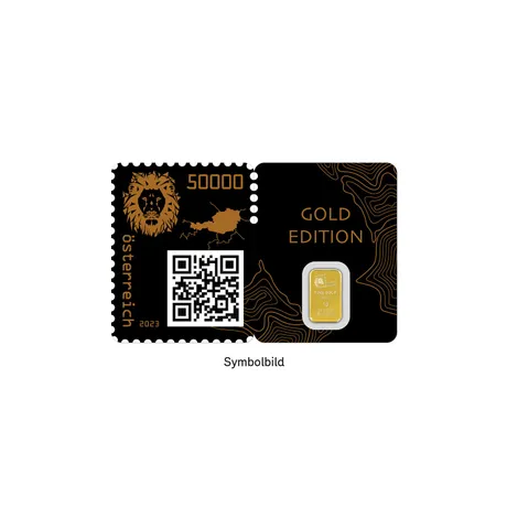 CS_GoldenerLoewe_1 Briefmarke Österreich 2023, Gold Edition, Nominale 50.000 Euro, Löwenmotiv, QR-Code, Österreichkarte, 1g Goldbarren enthalten.
