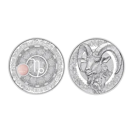 Vorderseite der Silbermünze mit astrologischem Kreis und Steinbock-Symbol, rosa Schmuckstein links. Rückseite zeigt detailliertes Porträt eines Steinbocks mit großen Hörnern. Nominale 20, Österreich, Jahr 2025 Vorderseite der Silbermünze mit astrologischem Kreis und Steinbock-Symbol, rosa Schmuckstein links. Rückseite zeigt detailliertes Porträt eines Steinbocks mit großen Hörnern. Nominale 20, Österreich, Jahr 2025