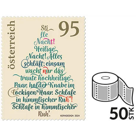 Briefmarke Österreich 2024, Nominale 0,95 Euro: Stille-Nacht-Text in Baumform, Rolle mit 50 Stück abgebildet.