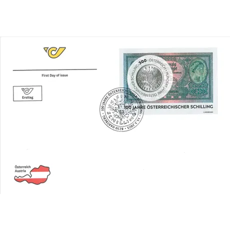 Ersttagsbrief der Österreichischen Post zu '100 Jahre Österreichischer Schilling' mit Briefmarke und Sonderstempel.