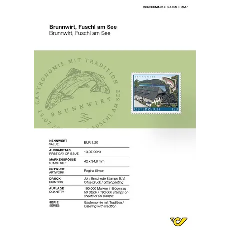 Austrian Post stamp 2023, €1.20: Brunnwirt, Fuschl am See, featuring a traditional inn and fish motif.
