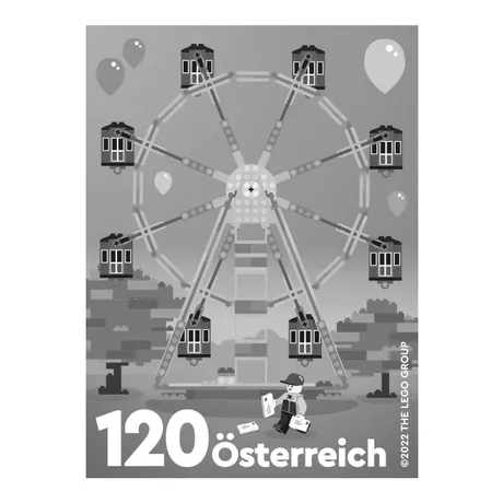 fd88a57220f19c4391251b17d9f19184b195a7c6.jpg Austrian Post stamp 2022, nominal value 1.20 euros: LEGO Ferris wheel with a LEGO figure delivering letters.