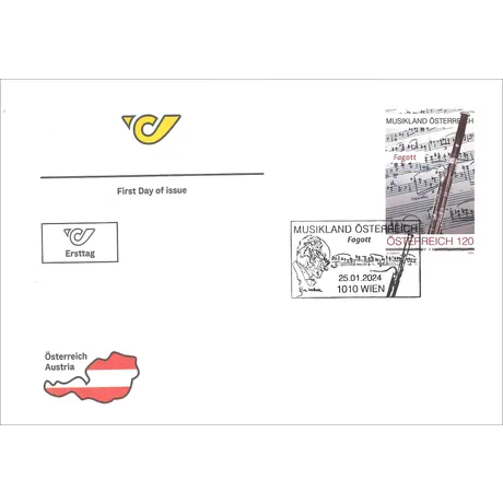 First day cover with Austrian Post stamp &#039;Music Land Austria 2024, Nominal 1.20 Euro: Bassoon&#039; and Vienna postmark.