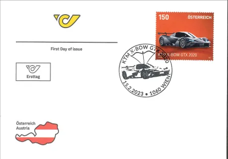 Austrian Post first day cover with 2023 stamp, 1.50 Euro: KTM X-Bow GTX 2020, and special postmark from Vienna.