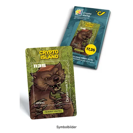 Ronny Ratel Sammelbriefmarke ,,Crypto Stamp Island – Ronny Ratel'' mit einer Illustration eines Honigdachses vor grünem Dschungelhintergrund.