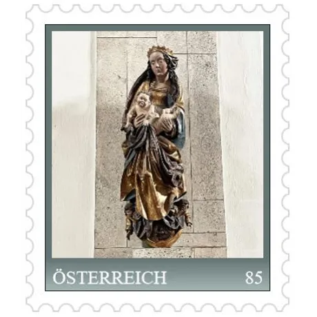 94e809b3bf864dbac0b8b0f14956dafe4fa0c82f.jpg Austrian stamp 2023, nominal value 0.85 euros: Depiction of a Madonna statue in a traditional style.