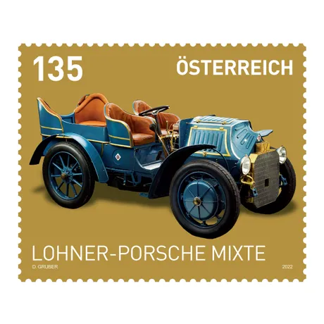 f450b5a67889c359190466cf3c9d05b14933fa01.jpg Austrian stamp 2022, nominal value 1.35 Euro: Lohner-Porsche Mixte vintage car on a gold background.