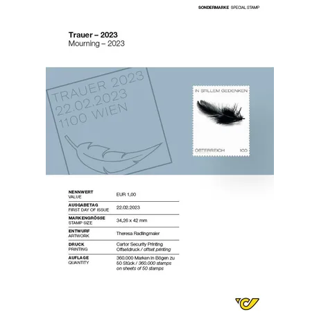 Briefmarke Österreich 2023, Nominale 1,00 €, Motiv schwarze Feder, Ausgabe 22.02.2023, Größe 34,26x42 mm.