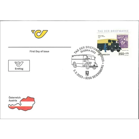 First day cover with Austrian Post stamp 'Tag der Briefmarke 2023', showing a 1935 electric van and postmark from Seiersberg.