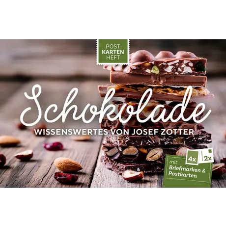 ea89dbdc8d6bc08c3ef124ddf5bcbc0361246015.jpg Postkartenheft der Österreichischen Post 'Schokolade' von Josef Zotter, mit 4 Briefmarken und 2 Postkarten, Schokoladenthema.